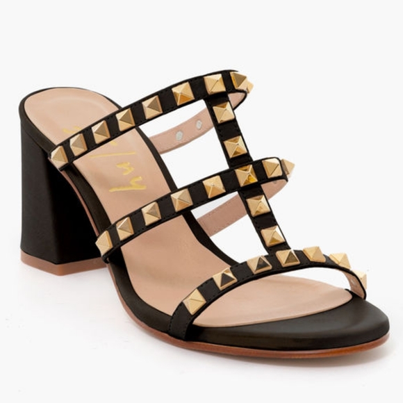 FRENCH SOLE Calf Leather Exclusive Black Foster Studded Sandals - Picture 1 of 14